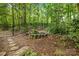 Private wooded backyard featuring a decorative pond and an iron fence at 171 Highland Woods Ct, Denver, NC 28037