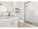 Modern bathroom with a white vanity, framed mirror, and a glass-enclosed shower with a rain shower head at 2523 Irwin Stream Rd, Charlotte, NC 28208