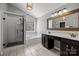 Stylish bathroom with walk-in shower, soaking tub, vanity with double sinks and lighting at 3006 S Legacy Park Blvd, Indian Land, SC 29707