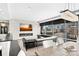 Open concept living room with modern fireplace, black leather sofa and expansive city views at 435 S Tryon St, Charlotte, NC 28202
