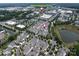 Aerial view of a residential community with nearby shopping center and pond at 7732 Waverly Walk Ave, Charlotte, NC 28277