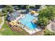Aerial view of a community pool with ample seating, umbrellas, and well-maintained facilities at 9701 Kent Village Dr, Charlotte, NC 28269