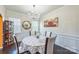 Formal dining room with elegant chandelier, wainscoting, and large windows for natural light at 1012 Leland Dr, Wesley Chapel, NC 28104