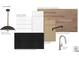 Kitchen design board with white oak hardwoods, ceramic backsplash, slim shaker cabinetry, stone countertops and black hardware at 19036 Newburg Hill Rd, Davidson, NC 28036
