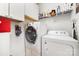 Clean laundry room with a washer and dryer, storage cabinets, and space-saving features at 232 Orange St, Charlotte, NC 28205
