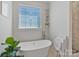 Bright bathroom featuring a standalone tub under a window and a marble tiled shower at 347 Bayberry Creek Cir, Mooresville, NC 28117