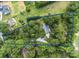 An aerial view of the property outlined in blue, surrounded by lush greenery and mature trees at 8101 Truelight Church Rd, Mint Hill, NC 28227