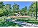Community playground featuring modern play structures and a walking path amidst a lush green landscape at 1040 Stonedown Ln, Matthews, NC 28104