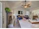Inviting living room featuring a brick fireplace, ceiling fan, and comfortable seating at 116 Hallett St, Fort Mill, SC 29715