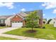 Landscaped front yard featuring a young tree and freshly cut lawn leading to a brick home at 11608 Downy Birch Rd, Charlotte, NC 28227
