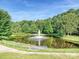Scenic pond with a central fountain, surrounded by lush greenery and mature trees at 12131 Honor Guard Ave, Charlotte, NC 28277