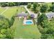 An aerial view reveals the outdoor living of this home, including pool and deck at 1489 L R Schronce Ln, Iron Station, NC 28080