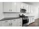 Modern kitchen features white cabinetry, stainless steel appliances, granite countertops, and subway tile backsplash at 231 Cotton Ridge Pl, Rock Hill, SC 29730