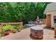 Deck area complete with a hot tub, fire pit, seating area and lush greenery at 413 Farm Branch Dr, Fort Mill, SC 29715