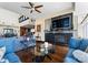 Spacious living room with fireplace and large-screen TV, complemented by hardwood floors at 435 S Tryon St # 907, Charlotte, NC 28202