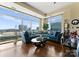 Cozy living room featuring city views and a comfortable blue sofa at 435 S Tryon St # 907, Charlotte, NC 28202