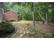 Picturesque backyard with a lush forest, stone pathway, and seating area for enjoying the natural surroundings at 7408 Mockingbird Ln, Waxhaw, NC 28173