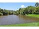 Scenic pond surrounded by lush greenery, with a view of nearby residential buildings in the background at 10121 Edgecliff Rd, Huntersville, NC 28078
