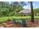 Scenic backyard featuring a brick house, green lawn, patio, and sitting area with Adirondack chairs for relaxation at 1069 Westlake Dr, Kannapolis, NC 28081