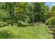 Lush backyard with outdoor seating, a fire pit, and a bridge, perfect for relaxation and entertainment at 1069 Westlake Dr, Kannapolis, NC 28081