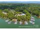 Aerial view of a boat dock surrounded by lush greenery, offering a serene waterfront setting at 4536 Rustling Woods Dr, Denver, NC 28037
