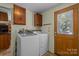 Laundry room equipped with a washer, dryer, cabinets, and a door to the outside at 7011 S Providence Rd, Waxhaw, NC 28173