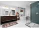 Modern bathroom featuring a glass-enclosed shower, soaking tub, and double vanity at 772 Eden Ter, Rock Hill, SC 29730