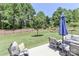 Beautiful backyard with well-maintained lawn and inviting patio seating under a blue umbrella at 9541 Festival Way, Charlotte, NC 28215