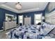 This bedroom features a decorative chandelier, blue walls, and a large bed with white trim at 9541 Festival Way, Charlotte, NC 28215