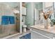 Bathroom boasts a glass shower, toilet, and vanity with a stone countertop at 1007 Southwest Dr, Davidson, NC 28036