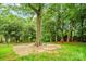 This serene backyard features a swing set, mature trees, and gravel fire pit, ideal for relaxation and play at 10918 Megwood Dr, Charlotte, NC 28277