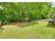 Expansive backyard with mature trees, a fire pit area, and a playset, offering ample space for recreation at 11615 Chadburn Ln, Charlotte, NC 28215