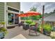 Cozy outdoor patio with wicker furniture, an orange umbrella, and mature garden area at 11615 Chadburn Ln, Charlotte, NC 28215
