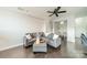 Bright living room features stylish gray sofa, dark wood floors, and modern ceiling fan at 1315 East Blvd # 327, Charlotte, NC 28203