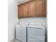 Functional laundry room with wooden cabinets and modern washer and dryer at 174 Hickory Hill Rd, Mooresville, NC 28117