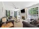 Bright living room featuring large windows, neutral walls, fireplace, and cozy seating area with comfortable gray sofas at 7151 Plough Dr, Mint Hill, NC 28227