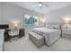 Bright bedroom with a king bed with luxurious gray bedding, plantation shutters, and a ceiling fan at 8016 Pemswood St, Charlotte, NC 28277