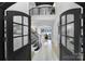 Elegant home foyer featuring black framed doors, hardwood floors, and a view of the upper level at 8016 Pemswood St, Charlotte, NC 28277