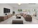 Virtually staged living room with a large brown sectional and an elegant neutral carpet at 2532 Blue Moss Dr, Dallas, NC 28034