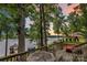 Backyard view from the wooden deck overlooking lake, dock, and sunset skies through the trees at 360 Lake Landing Dr, Salisbury, NC 28146
