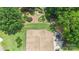 An aerial shot reveals a well-kept backyard, showcasing a lawn, patio, mature trees, and outdoor amenities at 7164 Moss Point Dr, Charlotte, NC 28277