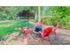 A cozy backyard fire pit surrounded by four red chairs and mature shade trees at 110 Club Dr, Mooresville, NC 28115