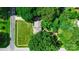 Aerial view shows a home with a lush lawn, surrounded by trees, plus a pool at 121 Pelham Ln, Fort Mill, SC 29715