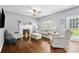Cozy living room featuring hardwood floors, fireplace, and comfortable seating at 129 Nims Spring Dr, Fort Mill, SC 29715