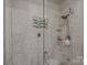 Walk-in shower with tile surround, glass door, rainfall shower head, and built-in shelves at 15724 Eagleview Dr, Charlotte, NC 28278