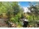 Private backyard featuring a decorative fish pond, mature trees, and lush plantings that create a calming sanctuary at 6921 Thermal Rd, Charlotte, NC 28211