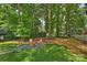 Secluded backyard with a fire pit area and plenty of mature trees at 811 Ashmeade Rd, Charlotte, NC 28211