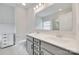 Bathroom featuring double sinks, gray cabinets and trim and a separate shower behind glass doors at 972 Von Buren Blvd # 242, Rock Hill, SC 29730