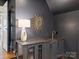 Wet bar area with gray cabinetry, stone countertops, unique mirror, and glass-front beverage cooler at 6314 Saint Stephen Ln, Charlotte, NC 28210