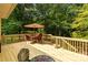 Spacious wooden deck with outdoor dining set surrounded by lush trees and greenery at 637 Freemont Dr, Lancaster, SC 29720